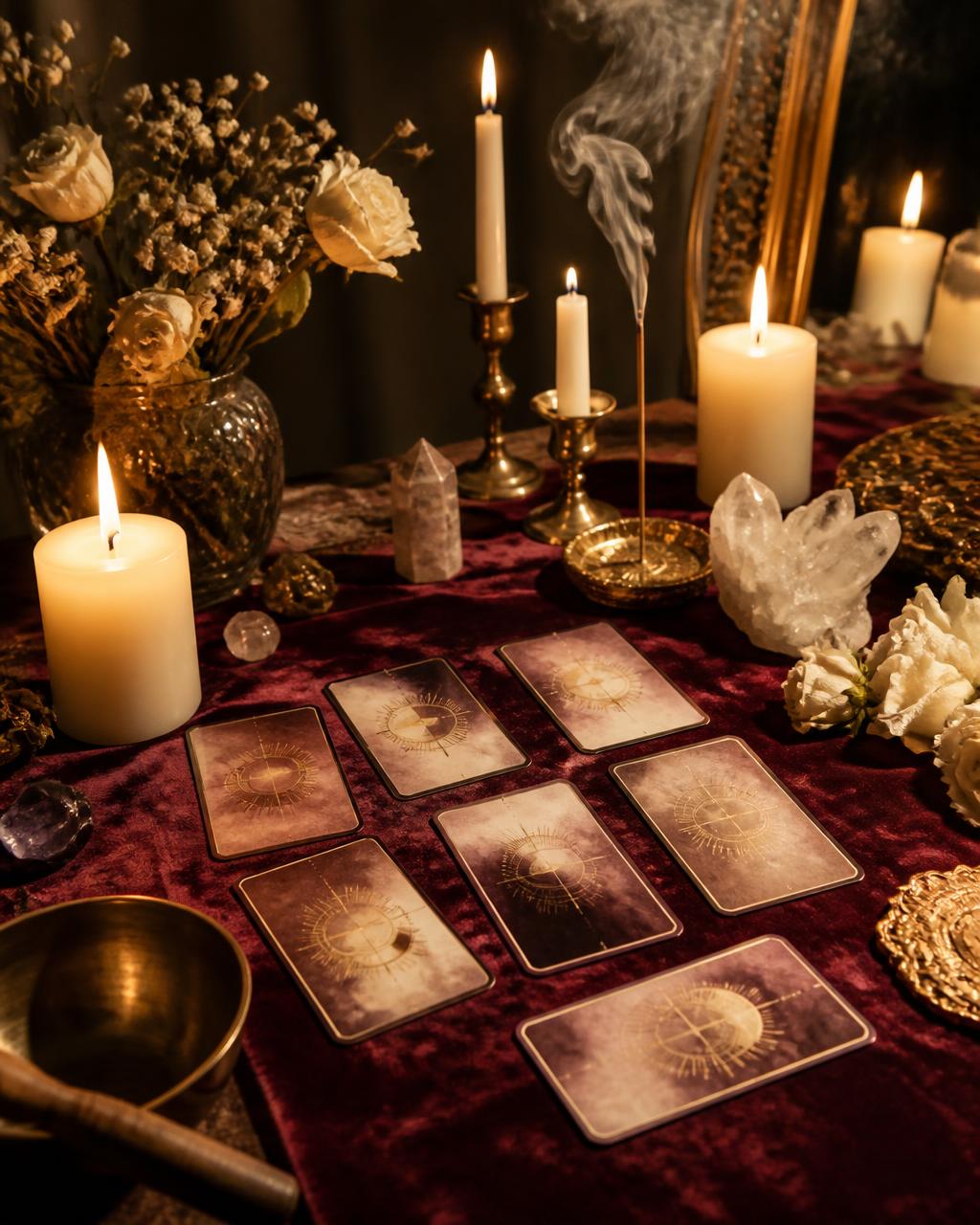 Mesa preparada para um trabalho espiritual com velas, cristais e cartas