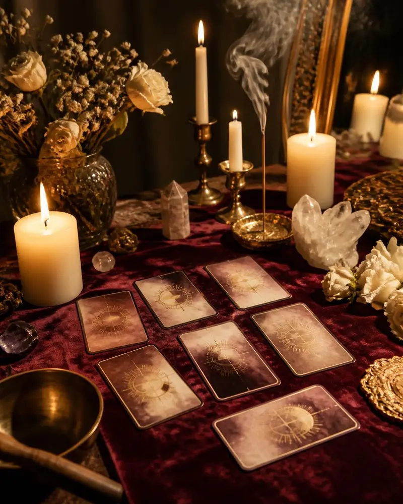 Mesa preparada para um trabalho espiritual com velas, cristais e cartas